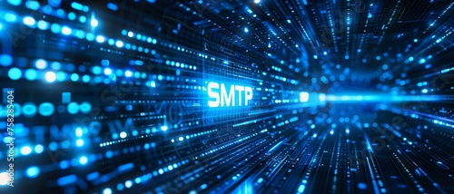 Digital blue matrix binary code forms the acronym SMTP , symbolizing the concept of Simple Mail Transfer Protocol . 