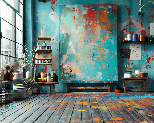 Art Studio Interior with Abstract Painting and Splattered Floor