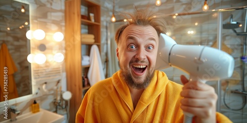 Morning Gust of Glee: A Man's Playful Battle with a Hairdryer, Capturing the Joy and Humor of Daily Routines, Generative AI