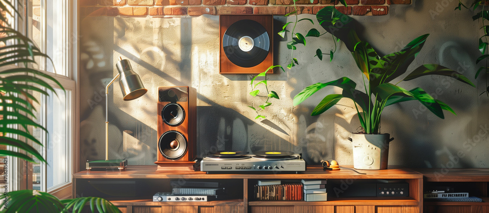 vinyl record and vintage audio in the coffee shop - obrazy, fototapety, plakaty 