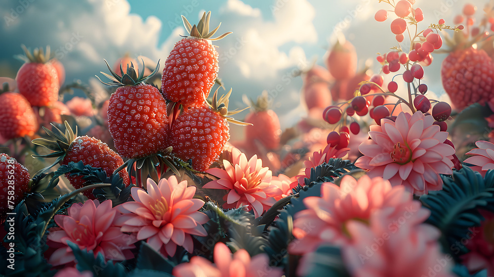 An enchanting scene with ripe strawberries nestled among vibrant flowers under a sunny sky, embodying growth and abundance An enchanting scene with ripe strawberries nestled among vibrant flowers under a sunny sky, embodying growth and abundance