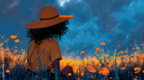 Serene image of a woman in a field of flowers under a starry night sky