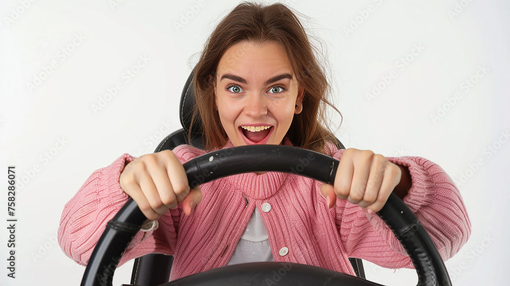 mulher segurando o volante isolado, expressão engraçada, promoção para tirar carta de habilitação de motorista  - obrazy, fototapety, plakaty 