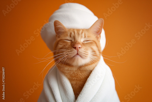 Cute cat in white bathrobe and turban on colorful background, spa treatments after bath. Cat relaxing in spa. Beauty procedures, wellness, relaxation concept. Pet grooming, domestic pets treatment
