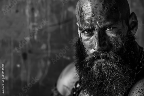 A savage warrior, beard matted with sweat, scars telling tales of countless battles.