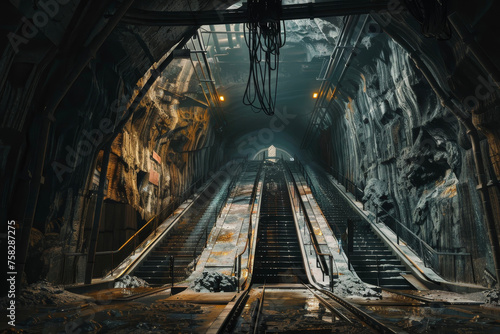 A subway station excavation, massive caverns being hollowed out, escalators yet to be installed, electrical cables hanging from the ceiling photo