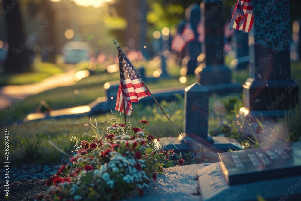 A small American flag is on a grave site. The flag is on a flower bed next to a headstone. Memorial day concept - obrazy, fototapety, plakaty 