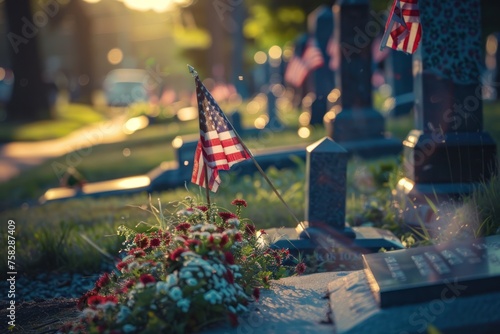 A small American flag is on a grave site. The flag is on a flower bed next to a headstone. Memorial day concept photo