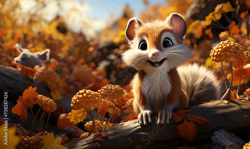 Cartoon animal chipmunk on autumn background.