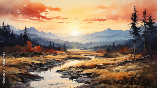 Forest River Flowing, Nature Painting in Golden Hour. Generative AI