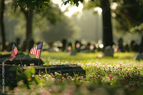 A cemetery with two American flags on a grave marker. Memorial day concept photo