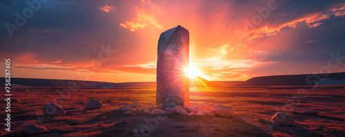 mysterious and strange monolith in the desert, sunset landscape