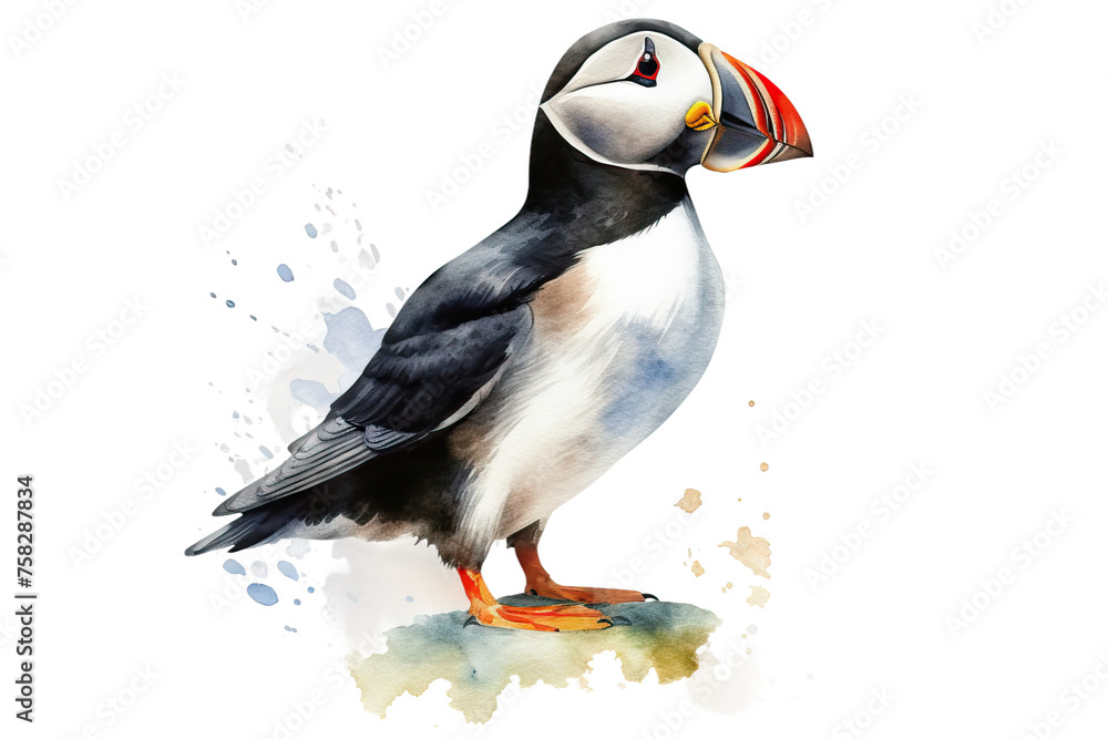 puffin realistic white bright colored puffin beak wildlife bird atlantic watercolor northern illustration background marine hand animal fuzzy illustration wildlife bird drawn element