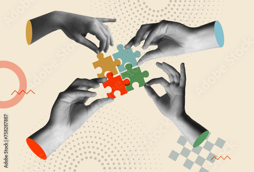 Hands holding colorful puzzle pieces in retro collage vector illustration