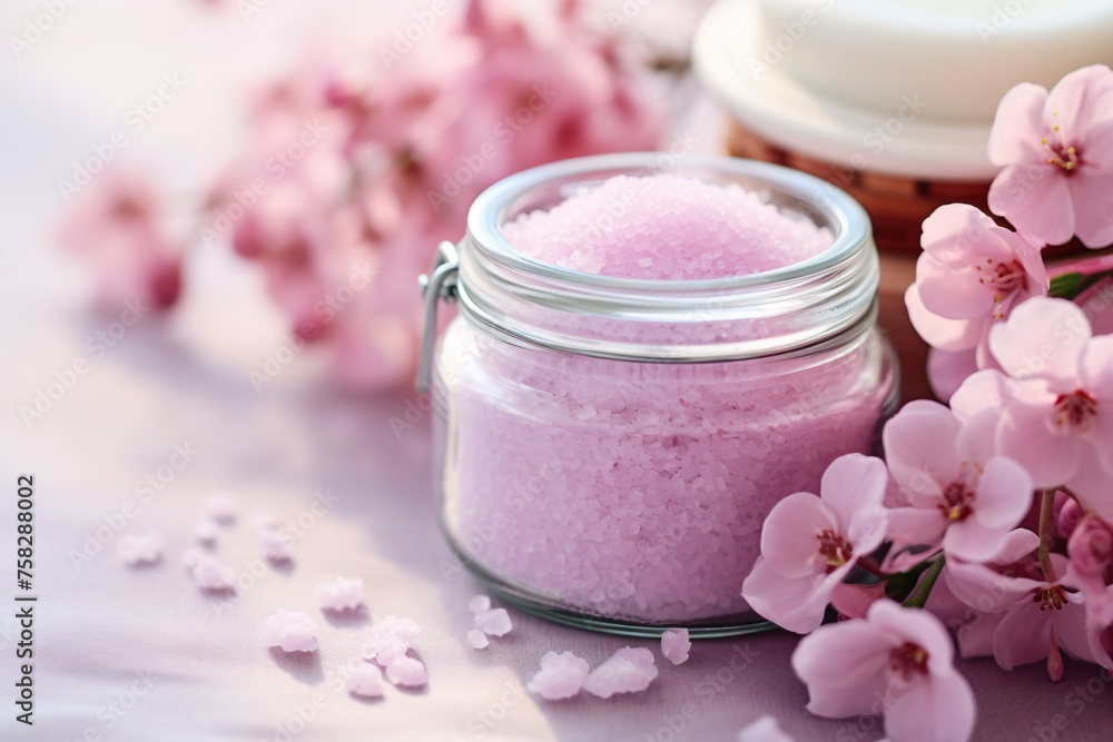 Up-close view of a jar of luxurious pink bath salts, their delicate fragrance promising a soothing and indulgent soak in the tub Up-close view of a jar of luxurious pink bath salts, their delicate fragrance promising a soothing and indulgent soak in the tub
