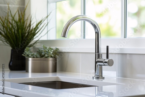 Up-close view of a gleaming chrome faucet  its smooth curves and sleek design adding a touch of elegance to the sink area
