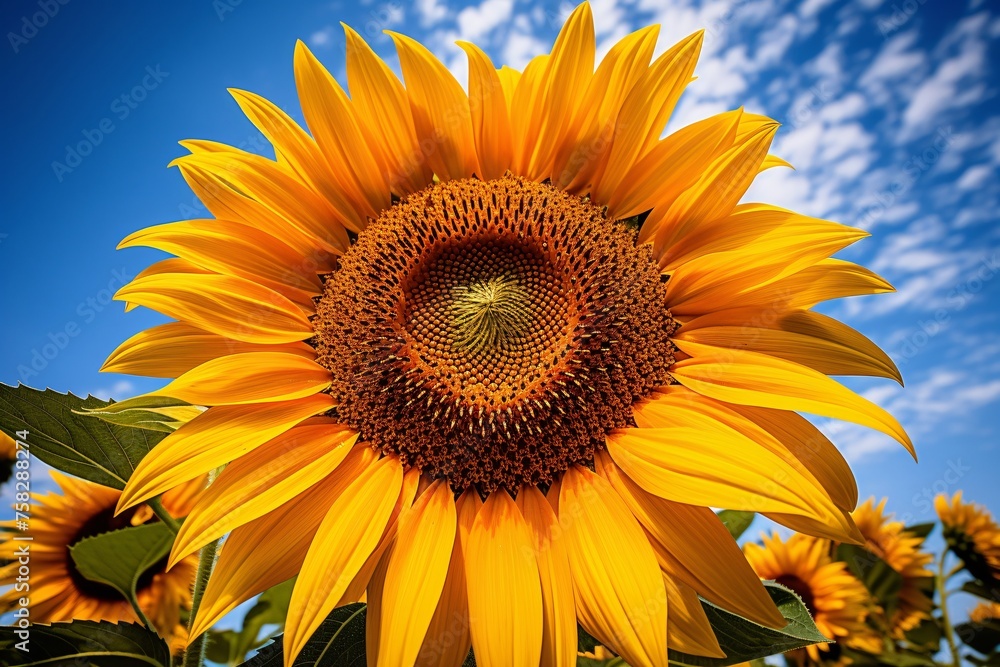 An up-close perspective capturing the intricate details and vibrant colors of a blooming sunflower, its petals reaching towards the sun in a radiant display of natural beauty