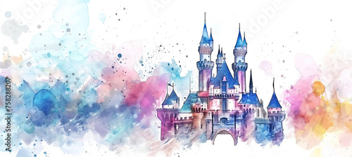 Simple watercolor Fairy tale castle Isolated on white background