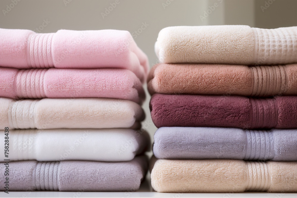 An intimate look at a stack of neatly folded bath towels, their plushness promising indulgent comfort after a bath or shower An intimate look at a stack of neatly folded bath towels, their plushness promising indulgent comfort after a bath or shower
