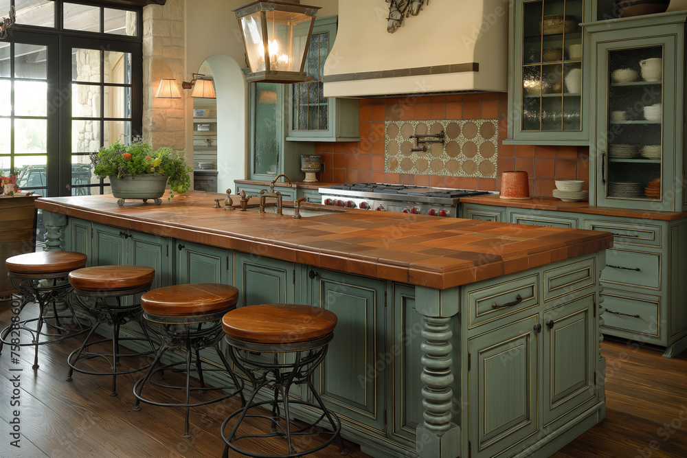 Vintage Style Spacious Kitchen Interior with a Rustic Island and Stools