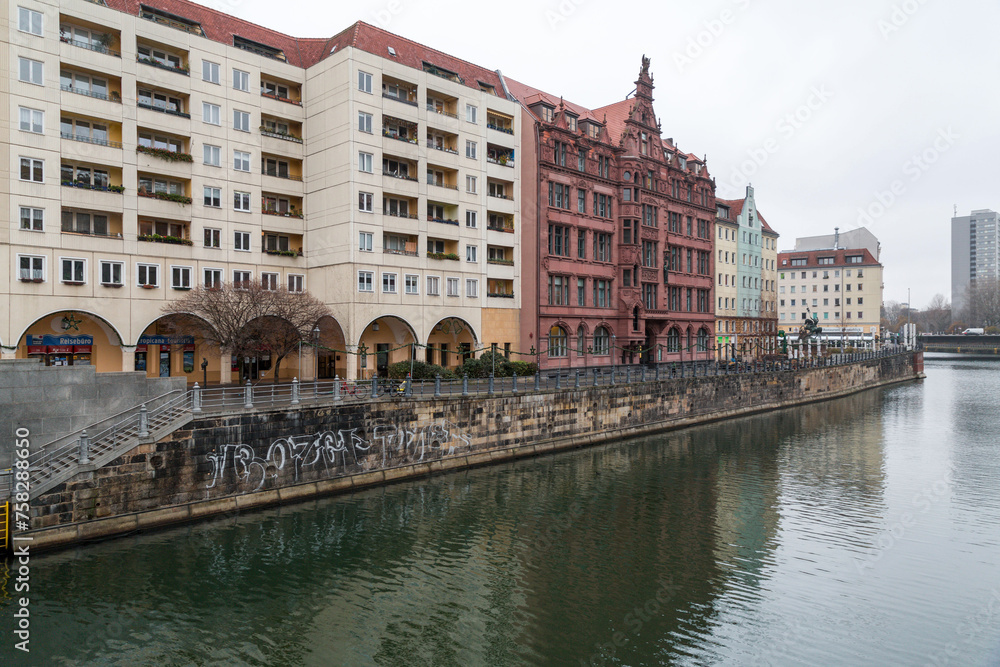 Buildings and cityscape by the Spree River in Berlin, Germany