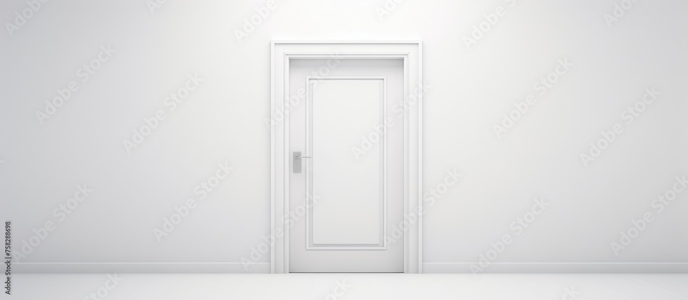 A white rectangular door with a glass fixture and a door handle is open in a white room, revealing a glimpse of what lies beyond A white rectangular door with a glass fixture and a door handle is open in a white room, revealing a glimpse of what lies beyond
