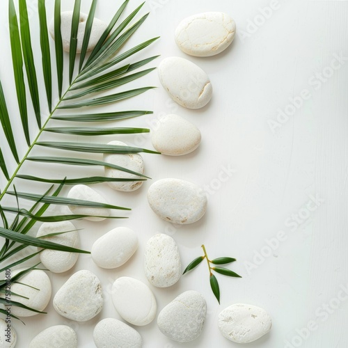 Top View of Natural White Stones and Palm Leaf on White Background