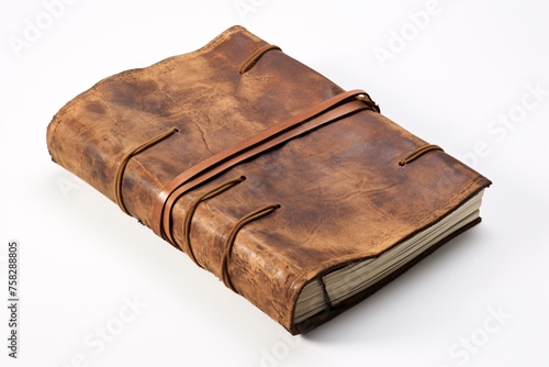 A weathered leather journal, its pages filled with stories and adventures against the pristine white background © Maelgoa