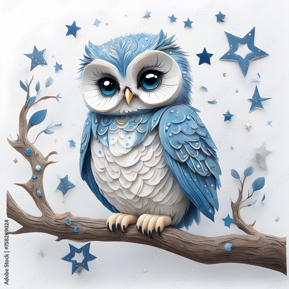 Fototapeta premium Painting of cute owl perched on a tree branch