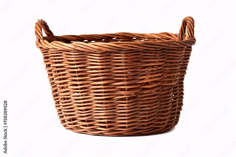 A quaint wicker basket, its honey-brown weave illuminated against the crisp white background