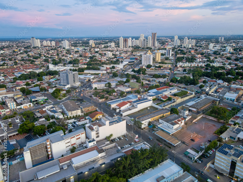 Fototapeta premium Aerial city scape at sunset in summer in Cuiaba Mato Grosso