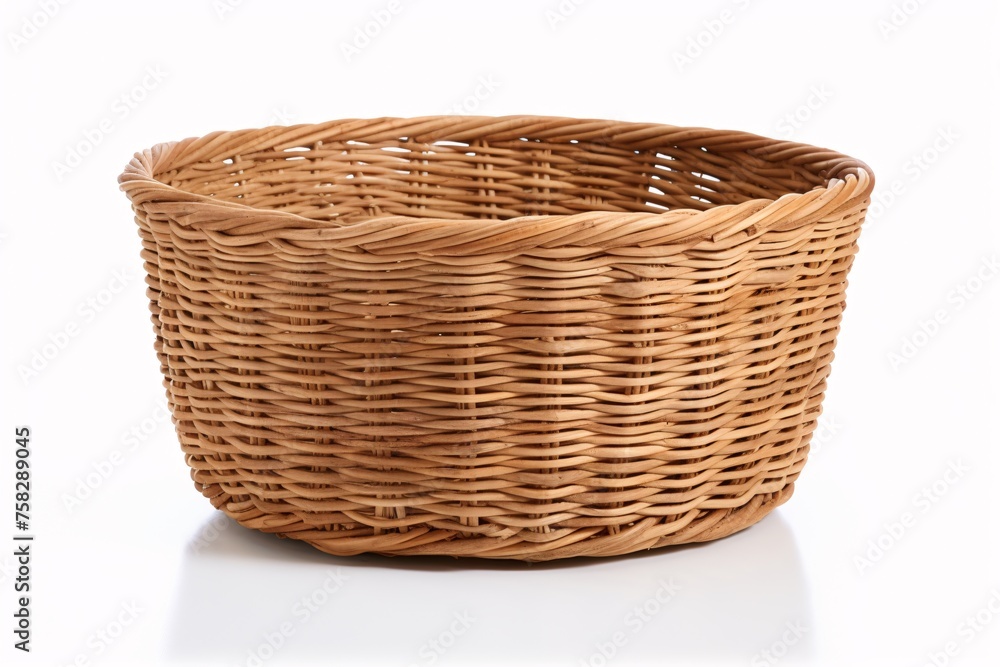 Quaint wicker basket, its honey-brown weave illuminated against the crisp white background