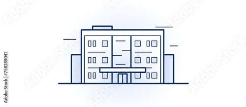 A detailed line drawing of a large rectangular building with a scoreboard, featuring parallel lines, engineering patterns, and electric blue font