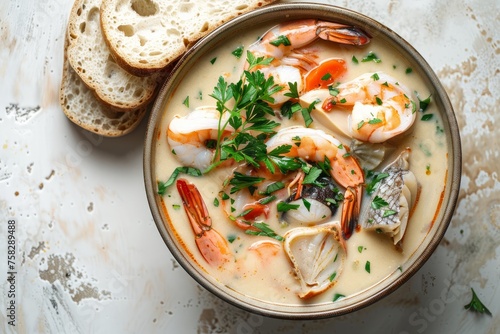 Creamy Fiskesuppe with Shrimp, Fish, and Vegetables, Served with Bread photo