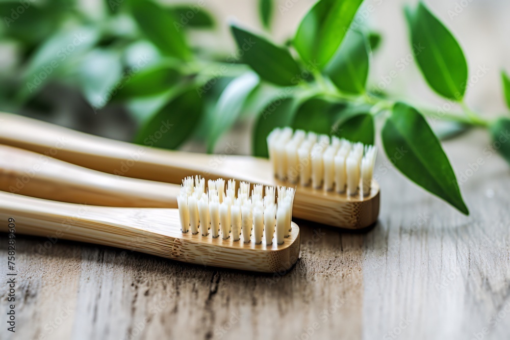 A detailed shot showcasing the soft bristles of a bamboo toothbrush, an eco-friendly choice for sustainable oral hygiene A detailed shot showcasing the soft bristles of a bamboo toothbrush, an eco-friendly choice for sustainable oral hygiene