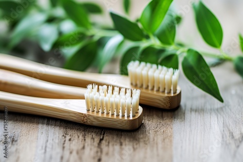 A detailed shot showcasing the soft bristles of a bamboo toothbrush  an eco-friendly choice for sustainable oral hygiene
