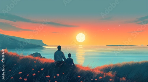Father and son admire the beautiful landscape. Father's Day. AI generation.