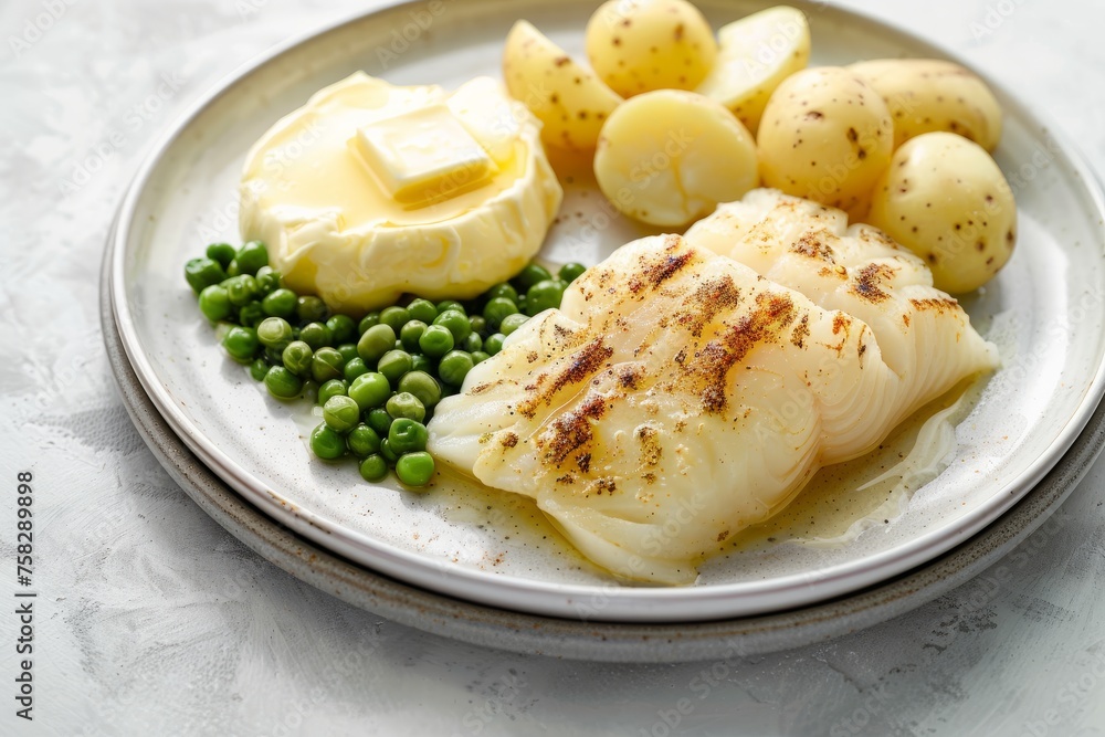 Classic Lutefisk Plate with Green Peas and Boiled Potatoes