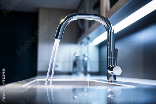 A close-up view of a shiny chrome faucet with water droplets glistening under the light  adding a touch of elegance to any modern kitchen or bathroom