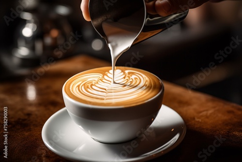 Close-up shot of a barista preparing a perfect latte art design on a freshly brewed cup of coffee, with frothy milk swirling into intricate patterns