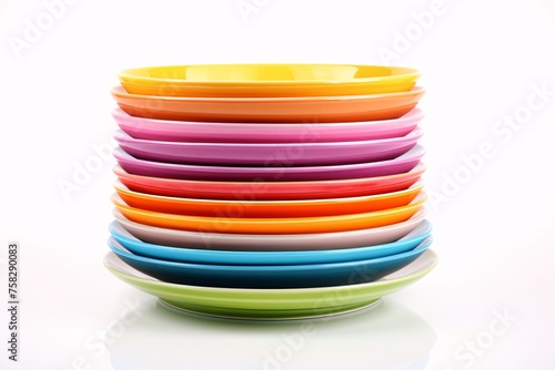 A close-up perspective of a neatly arranged stack of colorful dinner plates, each one featuring a unique design and ready for a family meal, against a pristine white background