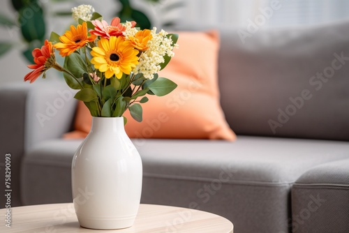 A close-up perspective highlighting the smooth texture of a ceramic vase, filled with freshly cut flowers to brighten up the living space