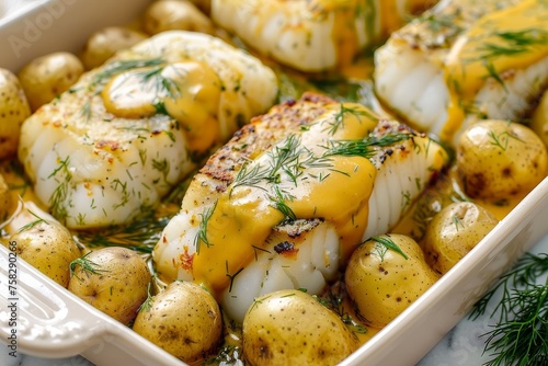 Delicious Baked Cod with a Side of Mustard Sauce and Potatoes