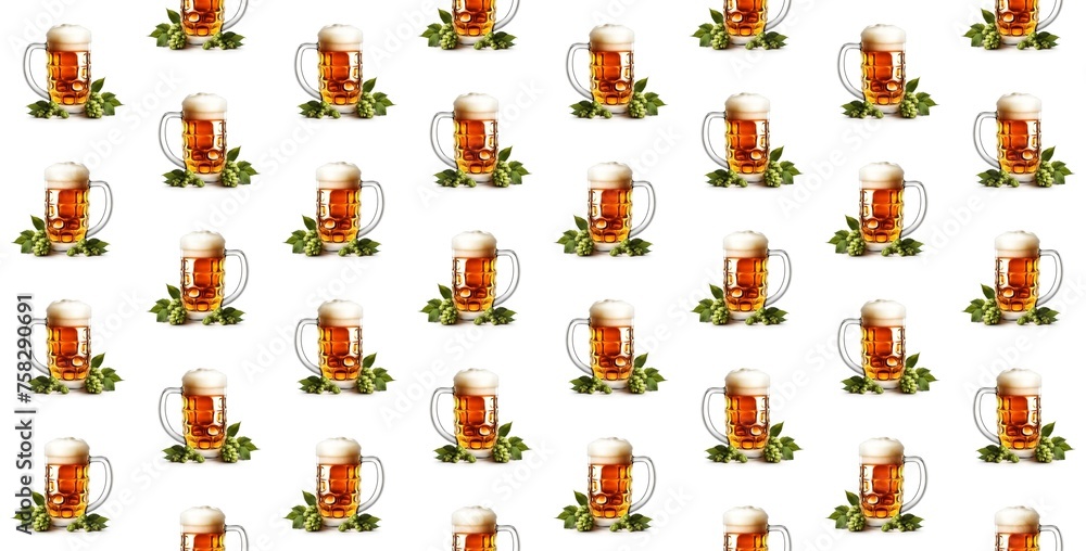 Mug of beer and hop seamless pattern on white background isolated. Mug of beer and hop seamless pattern on white background isolated.