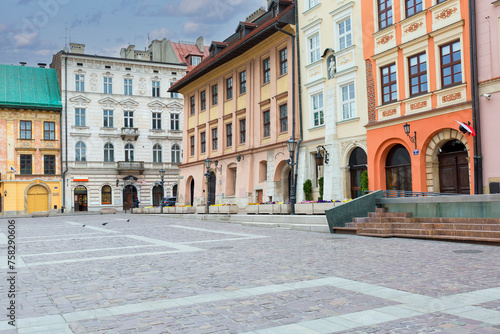 Small Market Square, a deserted city due to the coronavirus epidemic, no tourists, Krakow, Poland