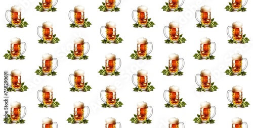 Mug of beer and hop seamless pattern on white background isolated. AI illustration.