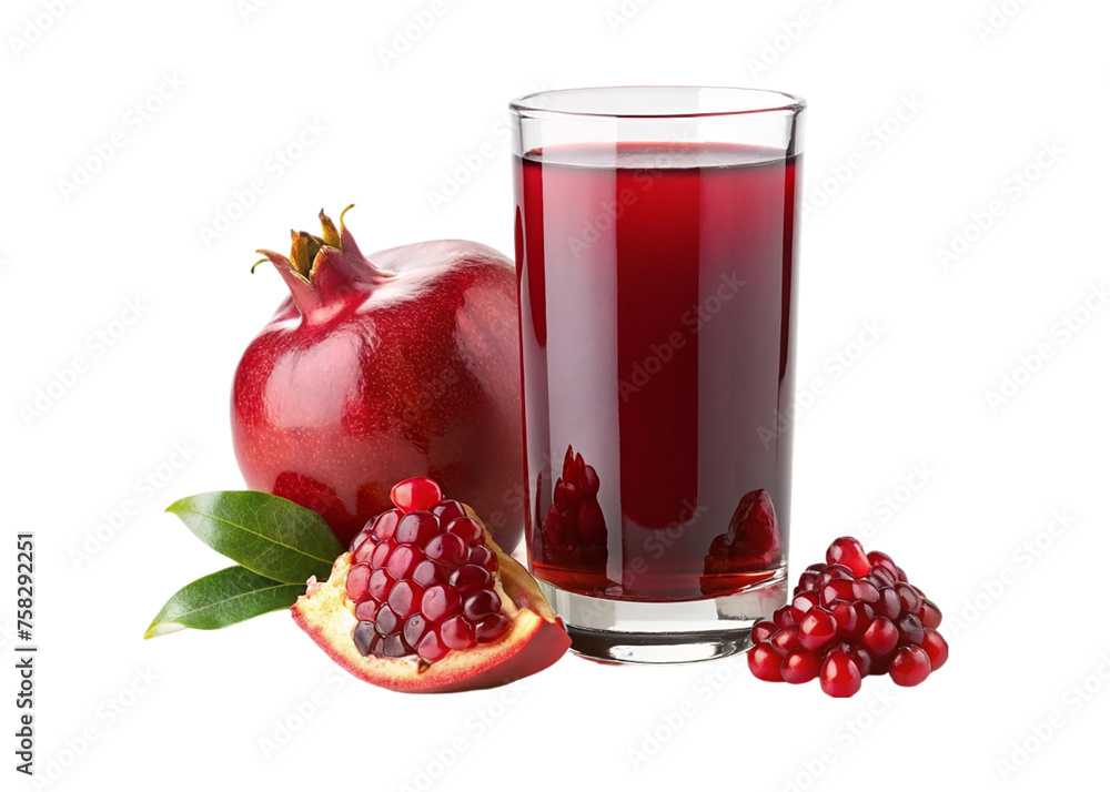 Pomegranate juice in a glass and ripe fruits on a transparent background Pomegranate juice in a glass and ripe fruits on a transparent background