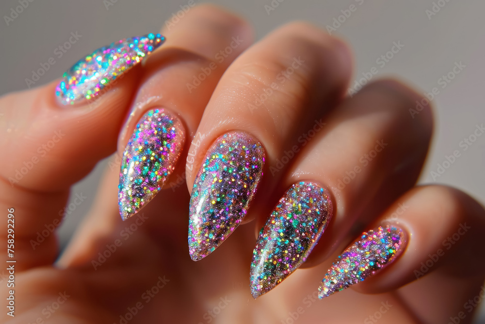close up of sparkling holographic glitter nail polish on almond-shaped  - obrazy, fototapety, plakaty 