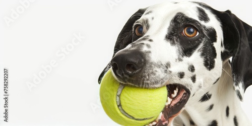 Playful Companion: A Spotted Dalmatian Energetically Holds a Tennis Ball, Awaiting the Next Throw, Generative AI