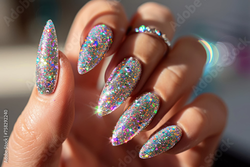close up of dazzling almond shaped nails with holographic glitter details